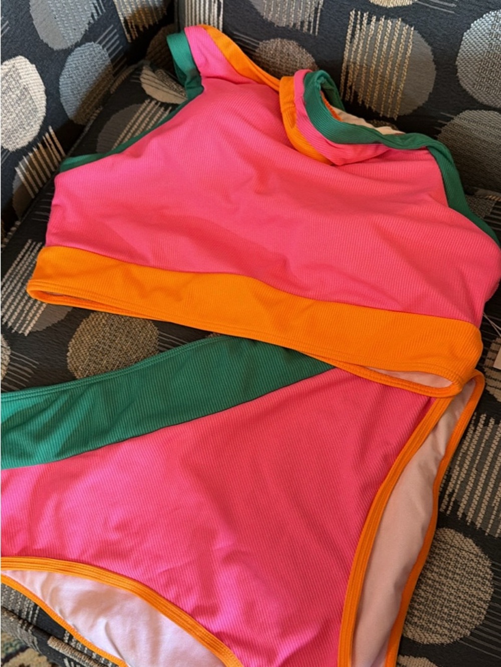 Boutique 9 Pink, Orange & Green Colorblock High-Neck Bikini